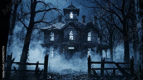 Creepy house in dark forest shrouded by fog and eerie trees creates abandoned, haunting atmosphere filled with mystery and fear