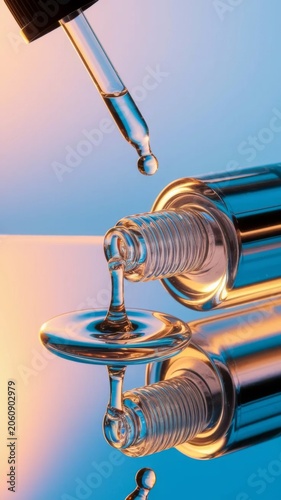 Cosmetic serum dropper above glass bottle with glowing skincare essence