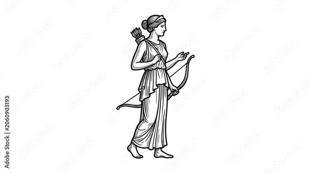 Fototapeta premium Elegant Woman Walking with Bow and Arrow in Traditional Attire.
