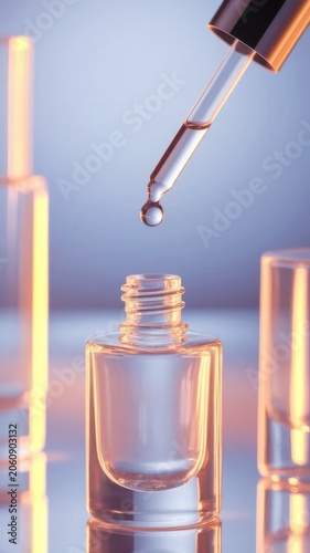 Cosmetic serum dropper above glass bottle with glowing skincare essence