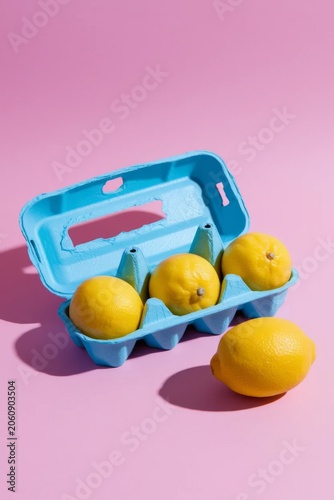 Fresh lemon in pastel egg carton on colorful minimal background