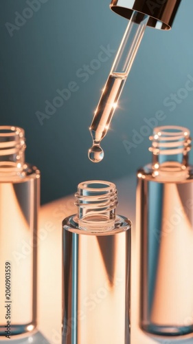 Cosmetic serum dropper above glass bottle with glowing skincare essence