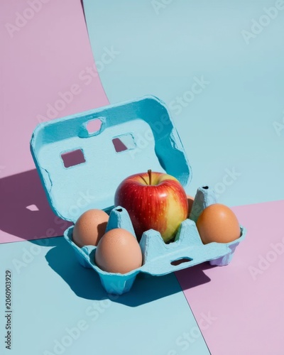 Fresh apple in pastel egg carton on colorful minimal background
