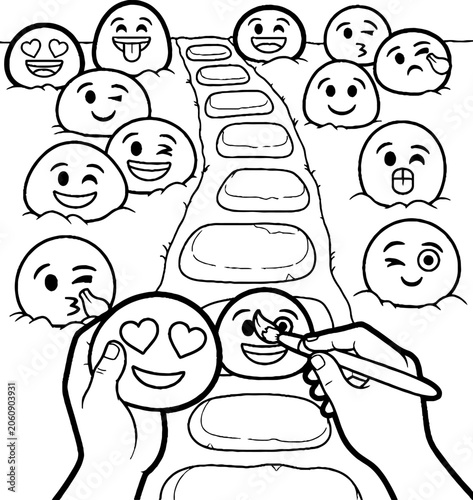 Hand coloring emoji faces in creative sketchbook illustration.