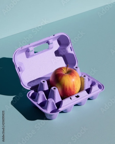 Fresh apple in pastel egg carton on colorful minimal background