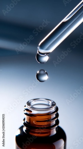 Cosmetic serum dropper above glass bottle with glowing skincare essence