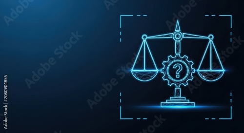 Glowing Blue Neon Scales of Justice Icon with Question Mark Gear Symbol on Dark Background, Representing Legal Uncertainty