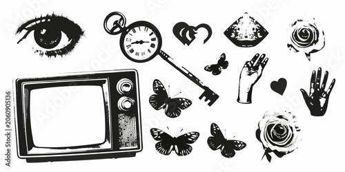 Photos Black And White Collage Featuring An Eye Television Clock Butterflies And Floral