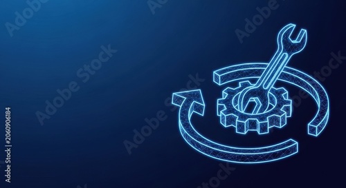 Gleaming Neon Wrench and Gear Symbol Illustrating Industrial Process and Mechanical Engineering Concepts