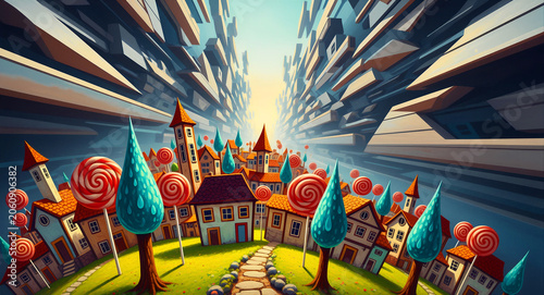 Whimsical candy village with lollipop trees and quaint houses under a surreal sky. Vibrant digital illustration of a fantasy land with colorful sweets. Magical wonderland concept for storytelling.