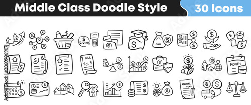 Cuadro en lienzo Set of hand drawn middle class financial doodle style icons