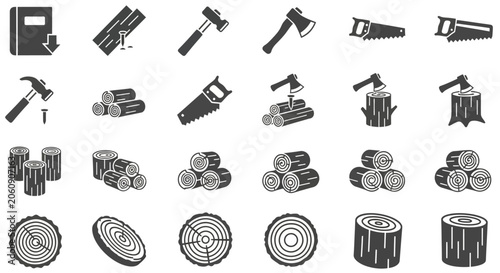 Obraz na płótnie black and white woodworking tools and logs, carpentry concept, background