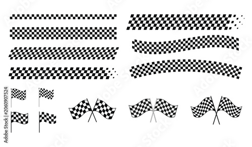 Race flag lines set and flag. Black and white checker finish ribbon. rally banner and speed pattern. checkered start finish competition 