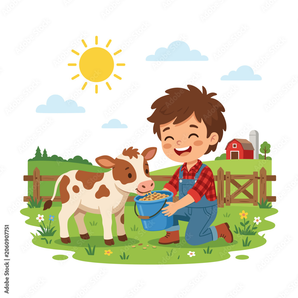 Fototapeta premium Boy feeding a calf on a farm