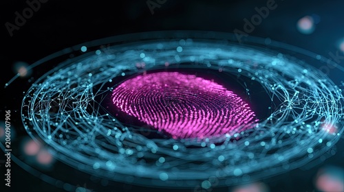 A glowing pink fingerprint is surrounded by a network of blue interconnected lines