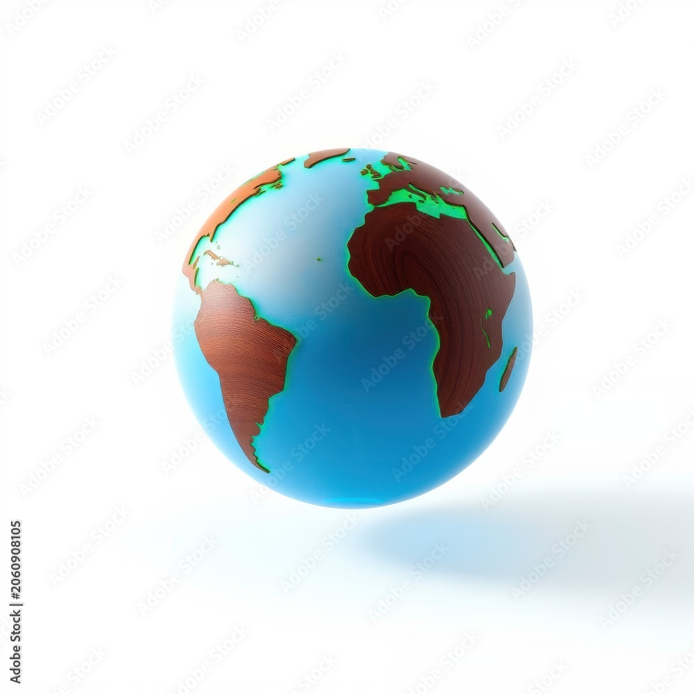 Obraz premium Stylized globe illustration. Blue oceans contrast brown landmasses. Minimalist design, clean aesthetic, soft shadow present. Simple world representation.