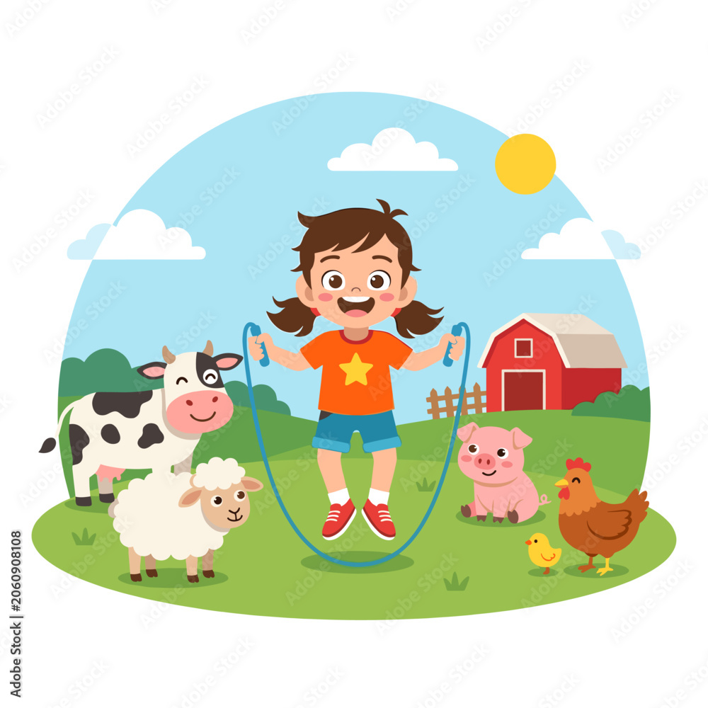 Naklejka premium Happy girl jumping rope with farm animals