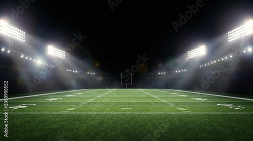 image of an empty American football field at bright, captured from a low-angle perspective directly on the field