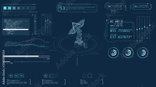 Animated display with infographic elements and parabolic dish antenna