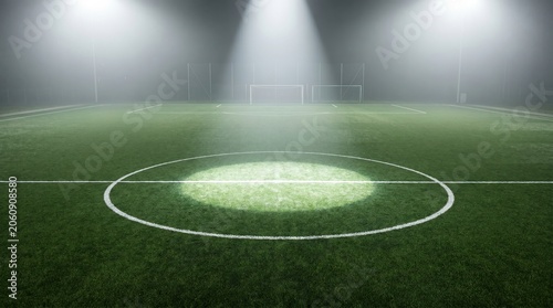 image of a brightly lit soccer field at bright, with a strong spotlight shining down on the center of the field