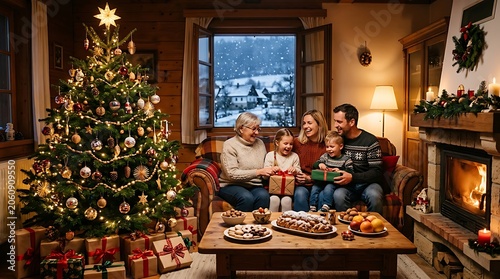 Generational family celebrating christmas in a snowy cabin
