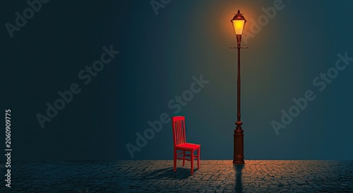 A solitary red chair sits beneath a glowing street lamp on a cobblestone path