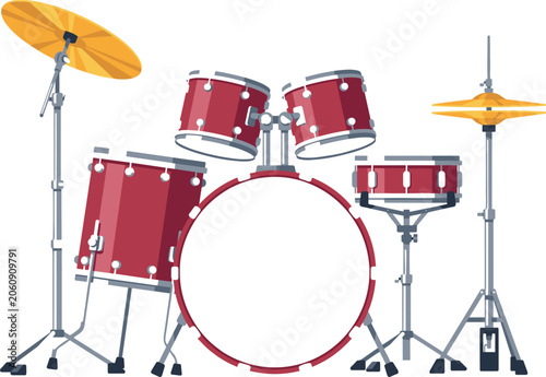 Red Acoustic Drum Kit Set With Cymbals Hardware Flat Vector Illustration Isolated On White