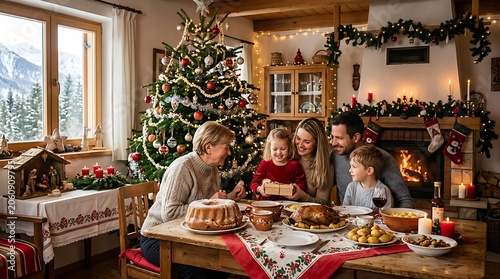Family celebrating christmas dinner in a cozy mountain home