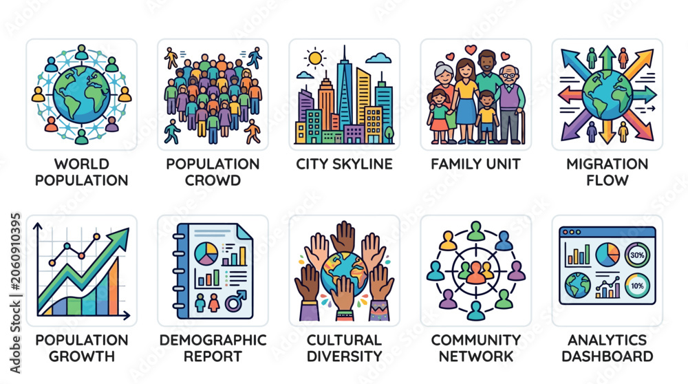 Fototapeta premium A diverse community network illustration shows people from various cultural backgrounds interacting with analytics and demographic reports in a city.