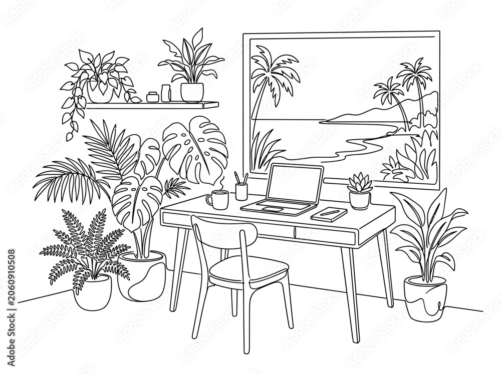 Obraz premium Cozy Home Office with Lush Plants and Tropical Beach View Line Art