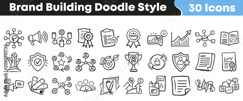 Set of thirty hand drawn doodle icons for brand building