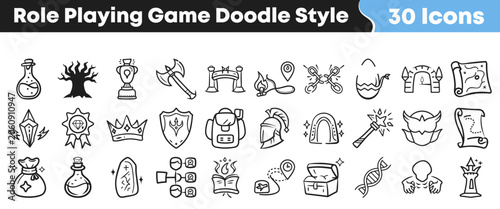 Tablou pe pânză Set of hand drawn fantasy role playing game doodle icons