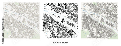 Paris city map with building footprints, street network and urban layout