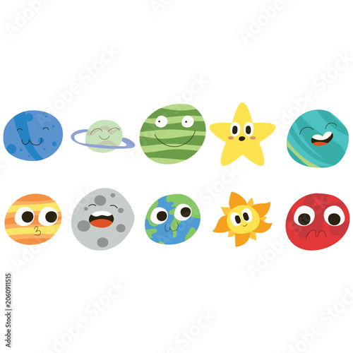 Collection of cute cartoon planet characters isolated on white background, happy kawaii space doodle vector illustrations with funny faces