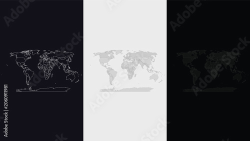 World map with country borders in three different styles, dark, light and minimalist outline design