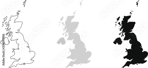 Set of united kingdom maps, outline, grey silhouette and black silhouette