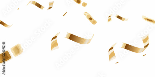 Fotografia Golden confetti and ribbon streamers falling against a white background a celebr