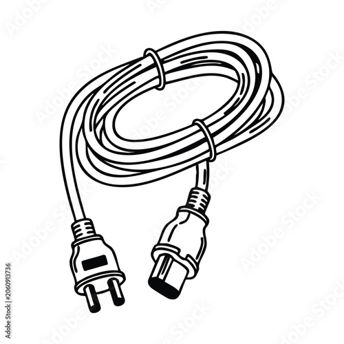 Black and white line drawing of a coiled electrical power cord with a two-prong plug and an IEC C13 connector, used for various electronic devices.