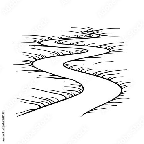 Εκτύπωση καμβά Simple black and white line art illustration of a winding path or river receding into the distance with rough edges