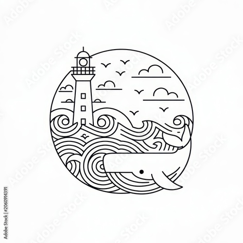 Minimalist line of a whale and lighthouse in a circular frame ocean waves