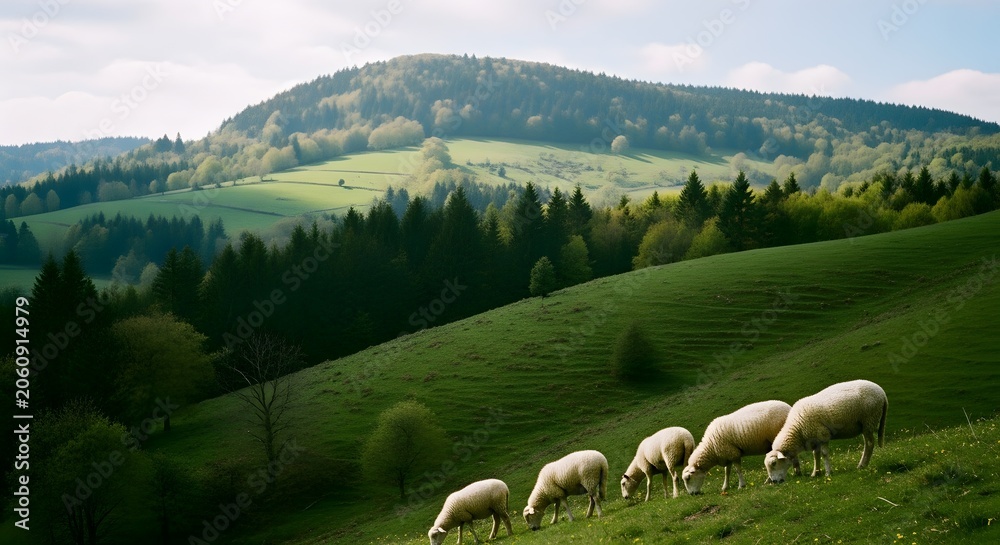 Fototapeta premium Serene countryside landscape with sheep grazing on a lush green hillside