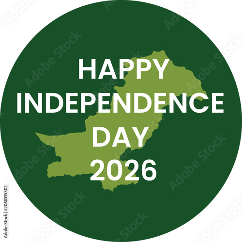 Happy Independence Day 2026 Green Circular Badge Design with Pakistan Map Silhouette – Festive National Celebration Background