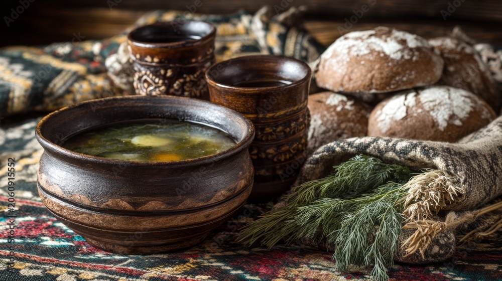 Fototapeta premium Traditional Rustic Meal with Soup, Bread, and Herbal Garnish on Colorful Textile Background for Cultural and Culinary Themes