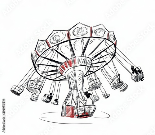 Of a spinning carnival swing ride with people enjoying the amusement park