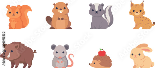 Cute Woodland Animals And Forest Creatures Collection Flat Vector Cartoon Illustration Set