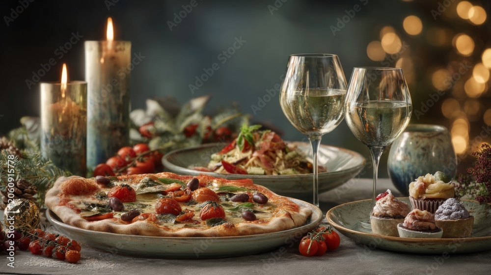 Fototapeta premium Elegant Dining Experience with Gourmet Pizza, Fresh Salad, and Decadent Desserts Surrounded by Festive Ambiance and Candles