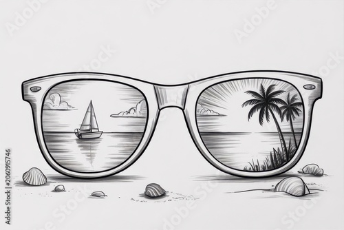 Of sunglasses reflecting a tropical beach scene with sailboat and palms