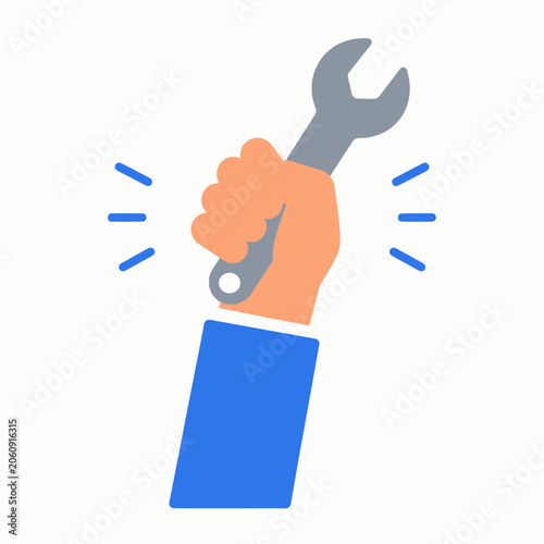 Cartoon Fist Gripping Gray Wrench Blue Sleeve Flat Vector Mechanic Maintenance Icon