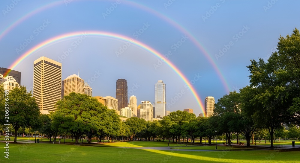 Obraz premium Vibrant double rainbow arcing over lush city park and modern skyline