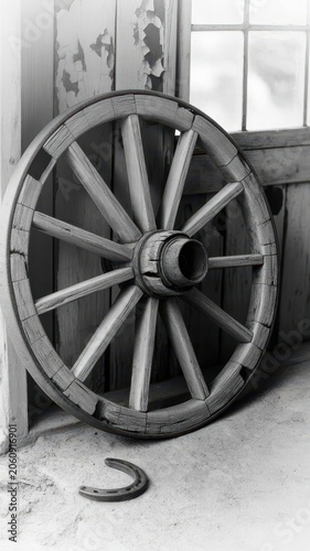 Old wooden wagon wheel leaning against a wall with a horseshoe on the ground